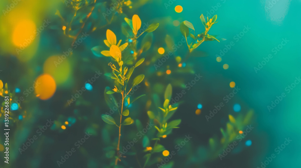 Poster enchanting abstract bokeh with greenery and colorful lights for creative design