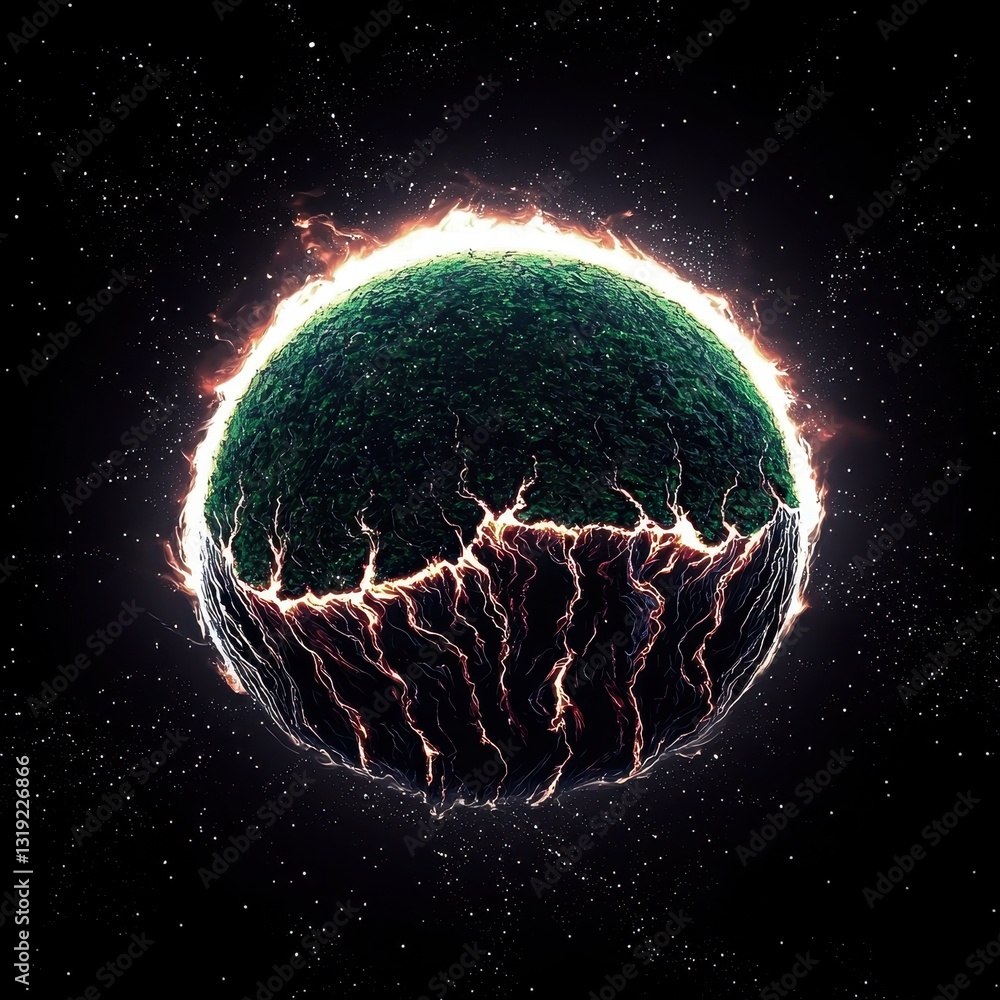 Poster spectacular interstellar scene featuring a fiery planet surrounded by dazzling stars in a deep space