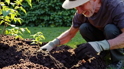 Elderly man gardening with gloves and hat, planting seedlings. Outdoor hobby concept