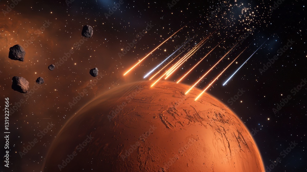Poster a space scene featuring a red planet surrounded by a group of asteroids with a meteor shower raining
