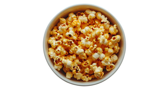 bowl of freshly popped popcorn with golden hue, perfect for movie night snack. popcorn is fluffy and evenly distributed in white bowl, creating inviting and appetizing appearance