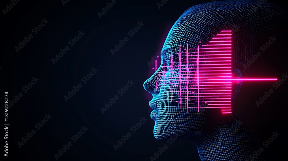 Poster futuristic ai digital head data stream visualization