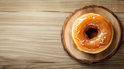 Spring season maple leaves delight sweet maple syrup donuts on a wooden board