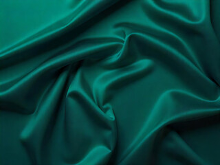 Fototapeta premium Dark teal green silk satin. Shiny smooth fabric. Soft folds. Luxury background with space for design. web banner. Flat lay, top view table. Birthday, Christmas, Valentine, New year.