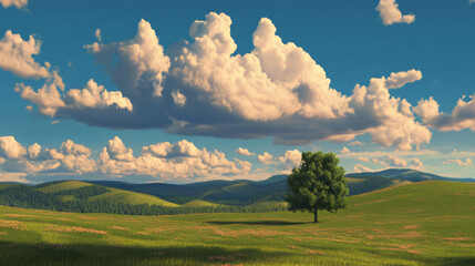 Scenic classic landscape with rolling hills and solitary tree under cloudy blue sky