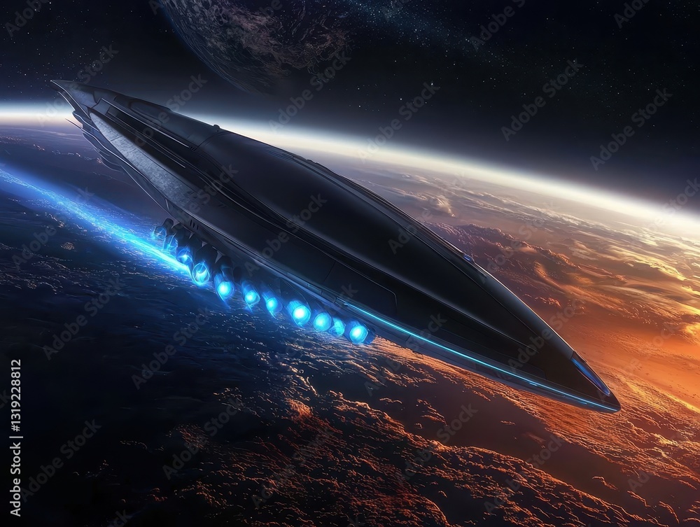 Poster sleek spaceship flying over a planet captured in a sci-fi inspired image of an alien plateau smoothl
