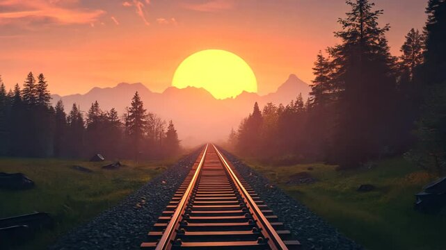 Scenic Railroad Tracks Leading Towards a Majestic Sunset Over the Forest Landscape