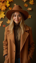 Fototapeta premium Smiling woman in a brown coat and hat standing against a background decorated with autumn leaves, exuding warmth and elegance.