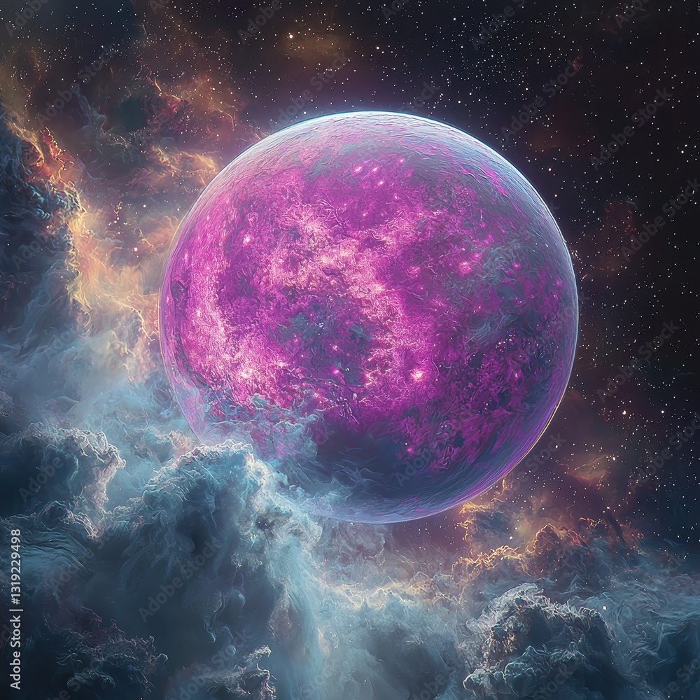 Poster a surreal cosmic dreamscape showcasing a luminous pink planet floating majestically in the celestial