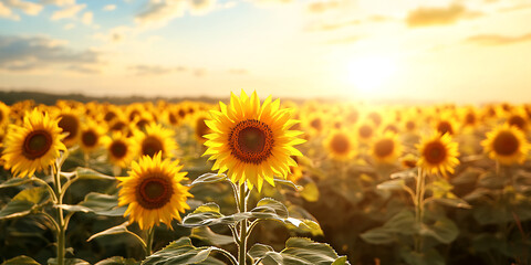 Fototapeta premium Close-Up of a Sunflower Field Stretching Towards the Horizon for Warm Summer Scenery, Floral Beauty, or Vibrant Nature Photography