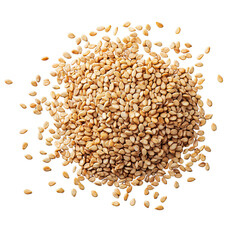 A mound of sesame seeds  showcasing their light brown color and small size, perfect for culinary or...