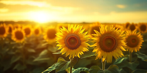 Obraz premium Golden Sunflower Field Stretching to the Horizon for a Vibrant Summer Landscape