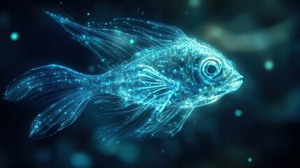 A bioluminescent fish glowing in the deep sea, creating a surreal and otherworldly underwater atmosphere.