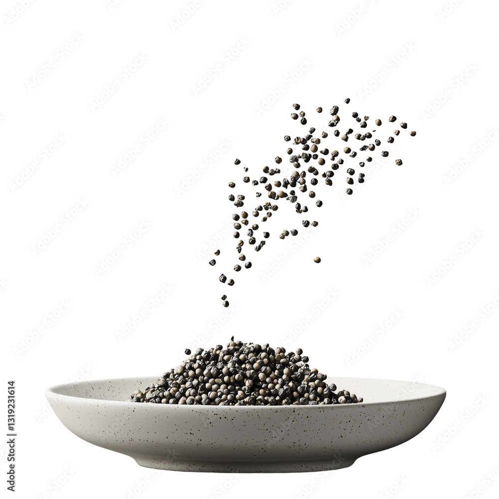 Poster black pepper cascading above a textured white plate creating a visually striking. isolated on white 