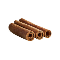 Three rolled cinnamon sticks  showcasing their rich brown color and unique texture. isolated on white background and transparent background