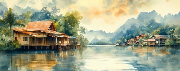Fototapeta premium Vibrant watercolor of a traditional Malaysian village by a calm waterway