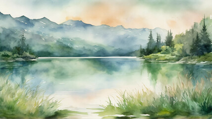 Green Mountains Reflected on the Lake - Dreamy Watercolor Landscape

