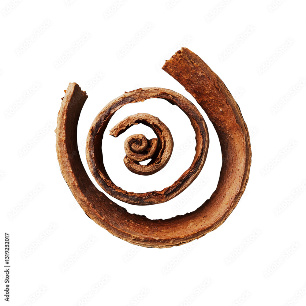Poster a close-up of a cinnamon stick curled into a spiral shape showcasing its textured surface and rich b
