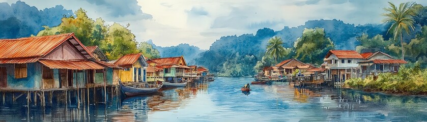 Obraz premium Vibrant watercolor painting of a traditional Malaysian village by a serene waterway