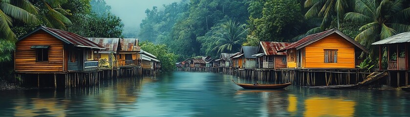 Obraz premium Vibrant watercolor painting of a traditional Malaysian village by a serene waterway