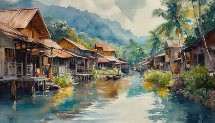 Fototapeta premium Watercolor depiction of a traditional Malaysian village along a vibrant waterway