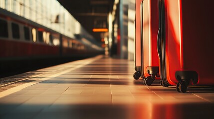 Red luggage awaits train departure at platform