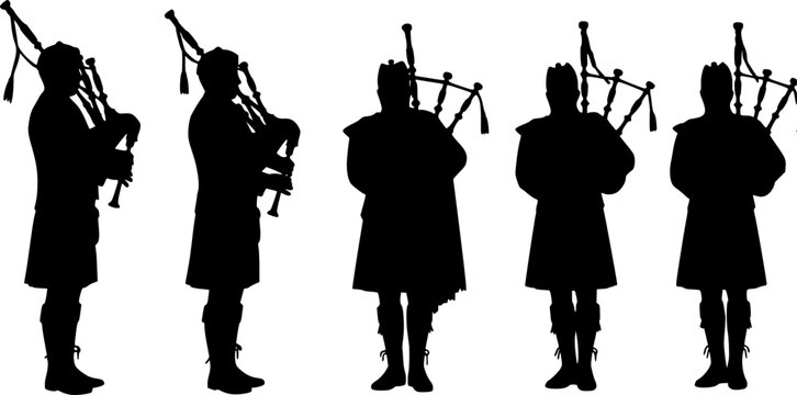 Set of Scottish man bagpipers in traditional dress silhouette vector on white background
