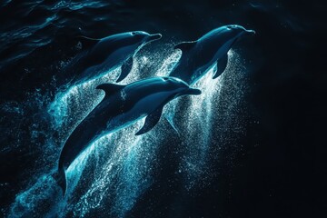 Dolphins swimming and jumping in dark blue ocean at night