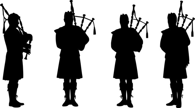 Set of Scottish man bagpipers in traditional dress silhouette vector on white background
