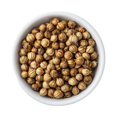 Bowl of coriander seeds showcasing their textured surface and natural color variation. isolated on white background and transparent background