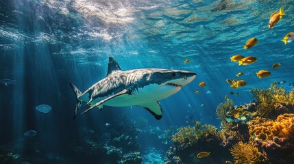 Obraz premium A breathtaking underwater shot of a great white shark swimming past a school of fish near a coral reef.