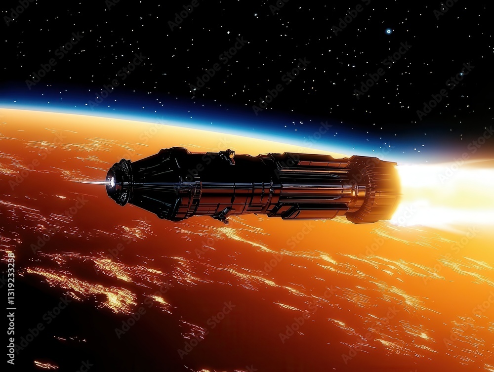 Poster advanced space station hovering in the atmosphere of a planet surrounded by an expanse of stars and 