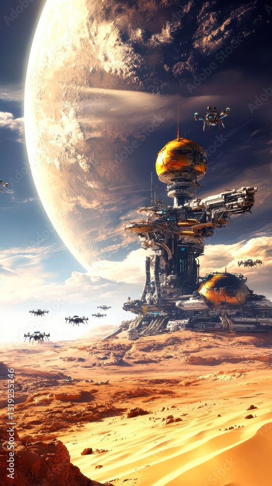 Poster futuristic robotic city thriving in a desert environment with advanced technology and structures aga