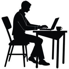 A silhouette illustration of a person sitting at a table, working on a laptop