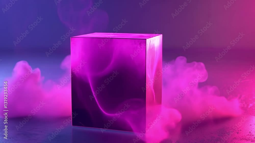 Poster vibrant pink and purple smoke swirls around transparent cube creating mystical and futuristic atmosp