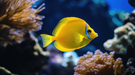Obraz premium A bright yellow tang fish swimming near a lush coral reef, contrasting against the deep blue waters.