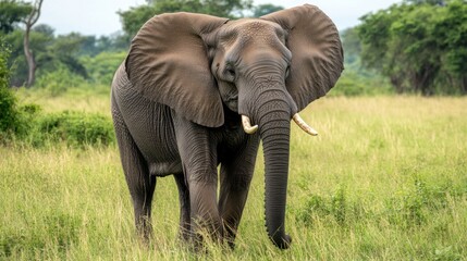 Obraz premium A close-up of an elephants wrinkled skin, large ears, and powerful trunk as it grazes in the wild.