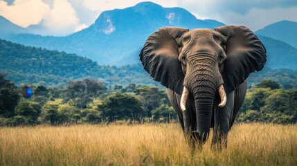 Fototapeta premium A close-up of an elephant with a breathtaking mountain range in the distance.