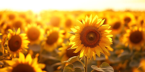 Obraz premium Golden Sunflower Field Stretching to the Horizon for a Vibrant Summer Landscape