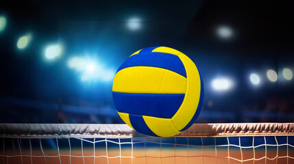 A volleyball over the net at the final match for the winner,sport or game concept