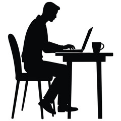 A silhouette illustration of a person sitting at a table, working on a laptop