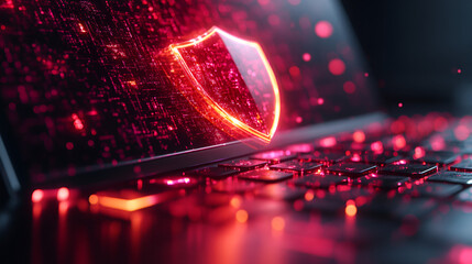Cybersecurity concept with red shield icon, digital protection, futuristic defense, network security, data safety