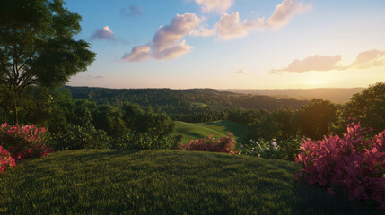 Obraz premium Tranquil summer landscape with vibrant flowers and scenic horizon for nature design