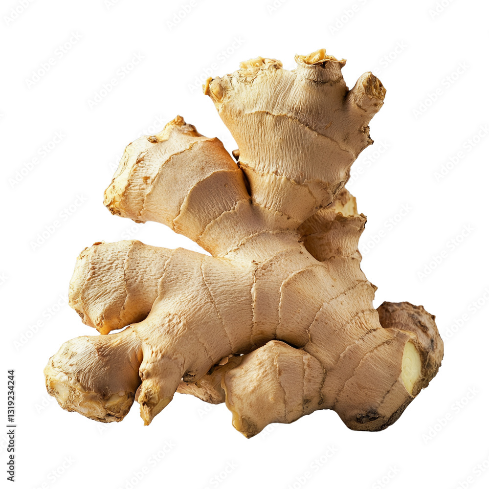 Poster ginger root with a rough texture, showcasing its unique shape and earthy tones isolated on white bac