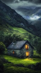 Fototapeta premium Stone Cottage Illuminated Amidst Verdant Mountain Slopes