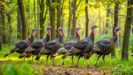 Wild Turkeys Stroll Through Verdant Woodland, Displaying Vibrant Plumage in Natural Habitat