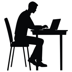 A silhouette illustration of a person sitting at a table, working on a laptop