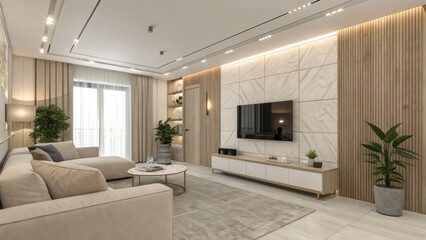 Fototapeta premium Modern living room with beige sofa, wooden accents, and plants