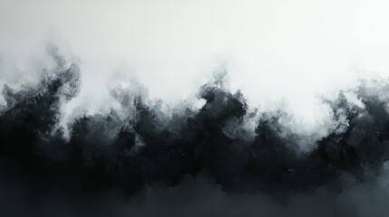 Stormy black cloud with textured shadows, stark against a clean white canvas, artistic focus 