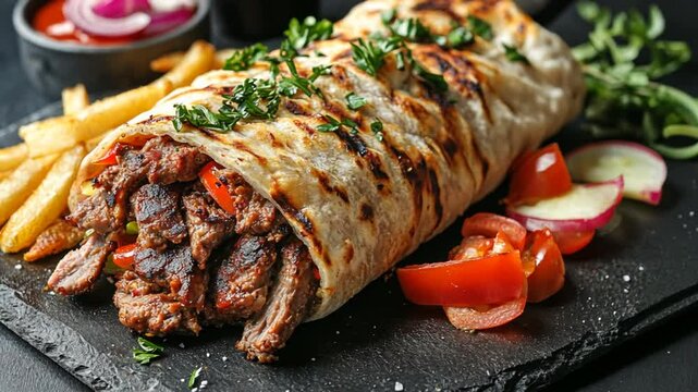 Delicious shawarma wrap presentation on slate plate, showcasing tasty beef with fresh vegetables